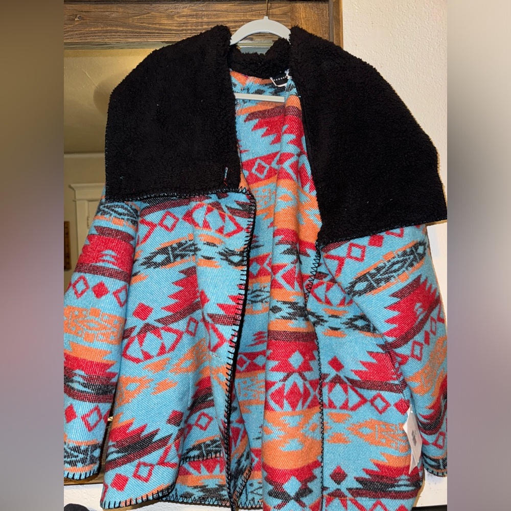 Blue and Red Geometric Cape with Cozy Sherpa Collar